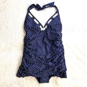 One Piece Halter Top Swimsuit Retro Pinup Style Blue and White Polka Dot Size Me